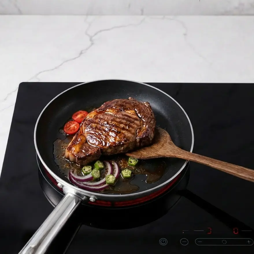 Steak in the ChronaFlex frying pan on an induction hob